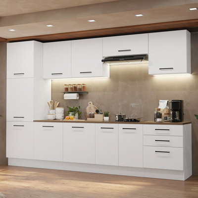 Cotreau Kitchen Set Pantry Storage 3 Drawers 3 Wall Cupboards 3 Base Cabinets Engineered Wood Multiple Compartments Organization Unit - White