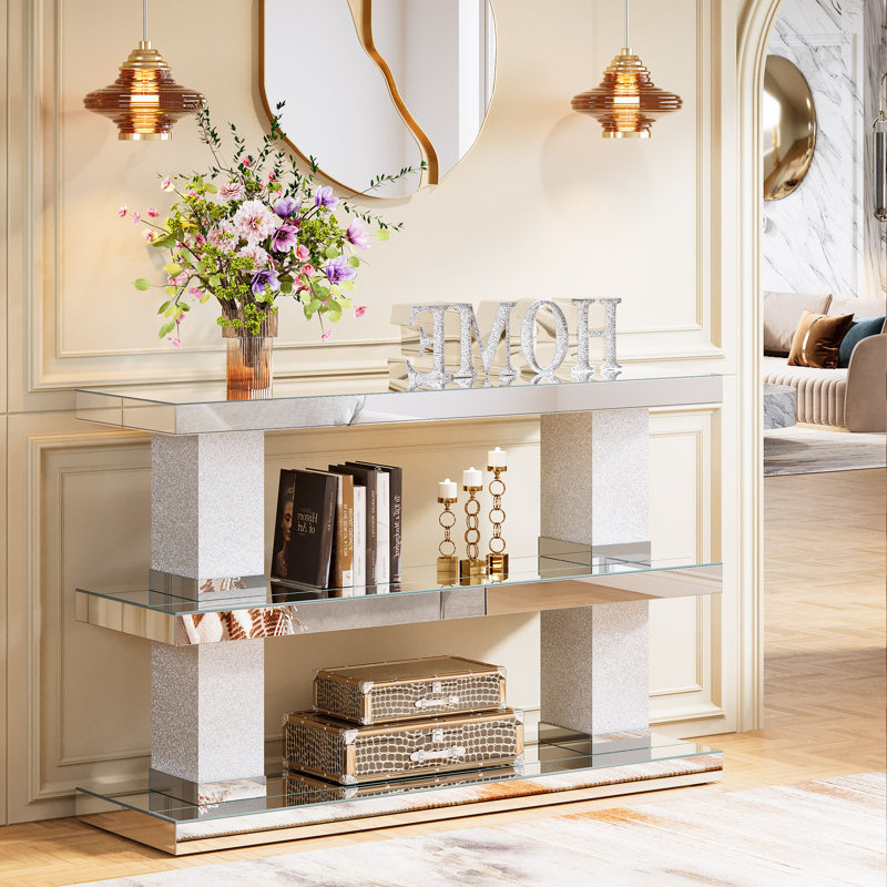 46" Mirrored Console Table 3-Tier Storage Shelf, Silver