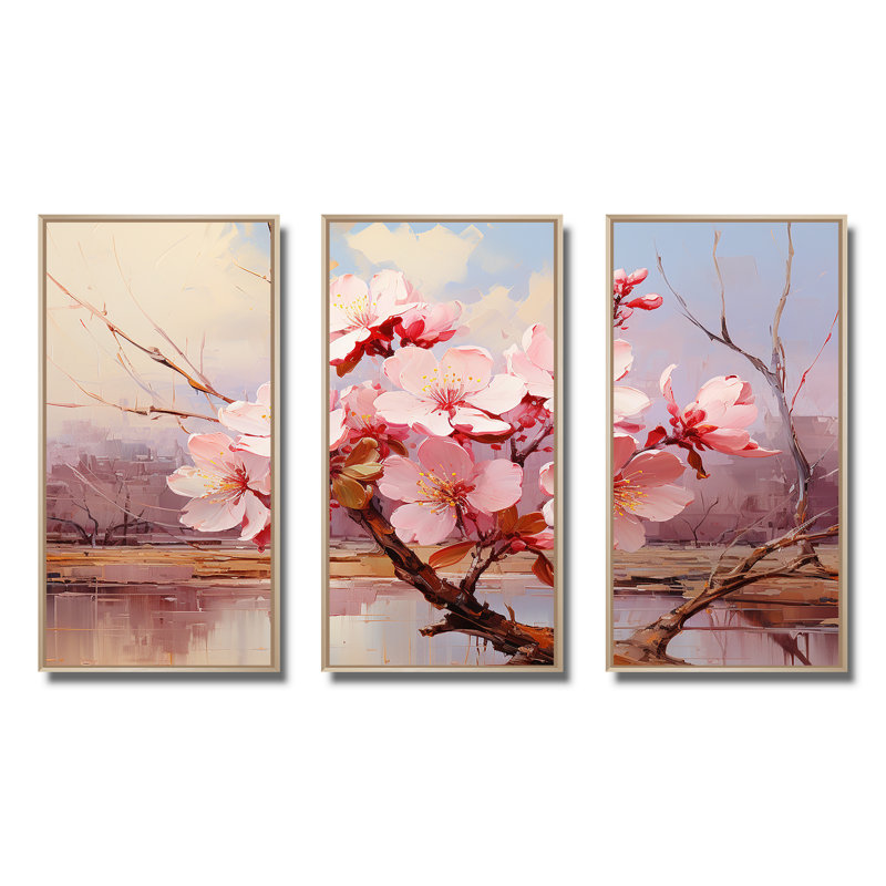 «Pink Whispering Cherry Blossoms II», art mural fleurs, Cadre flottant brun, H 32 po x l 48 po x P 1 po