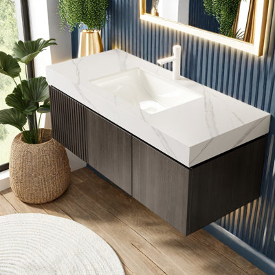 Meuble-lavabo moderne 48 po avec lavabo, plateau en pierre de Carrare blanc, grain de bois espresso