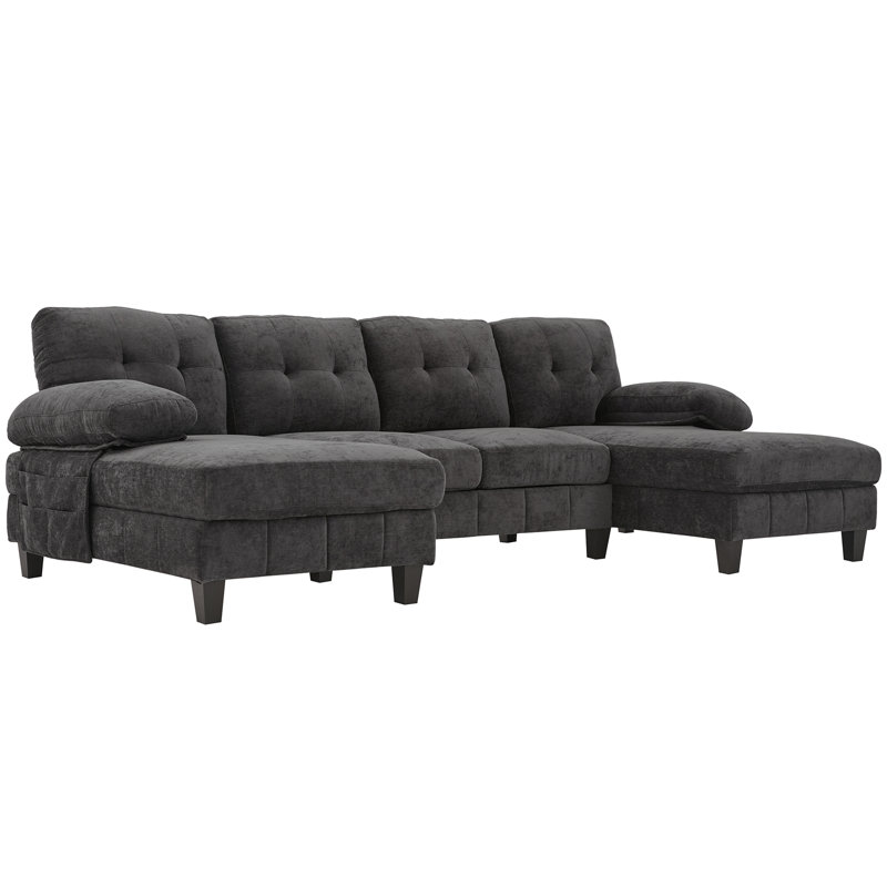 U-Shaped Sectional Sofa 103.5" Chenille Fabric Couch With Dual Chaise Lounges, Storage Pockets And Armrest Pillows For Living Room, Black