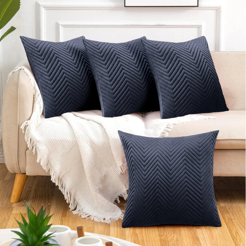 Luxury Chevron Embossed Quilted Pattern Velvet Cushion Cover Set (4-Pack) - Soft Throw Cushion Cover for Home Décor, Charcoal