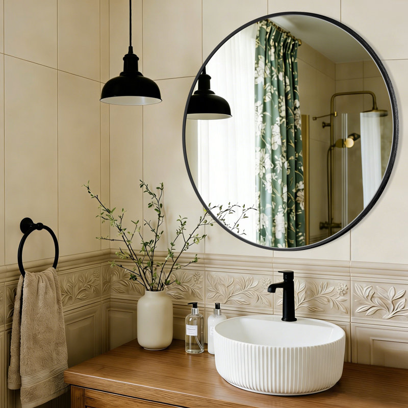 Grand miroir mural Ebern Designs, Noir, noir, noir, noir, 36 po x 36 po