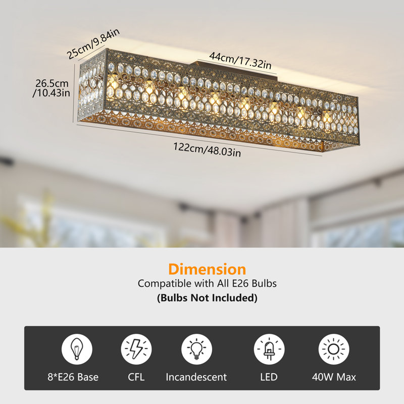 8 - Light 48" Metal Farmhouse Crystal Dimmable Flush Mount
