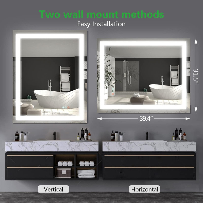Miroir de salle de bain / de salle de bain anti-buée à DEL à éclairage frontal à 3 lumières à intensité variable avec commande tactile et fonction de mémoire murale