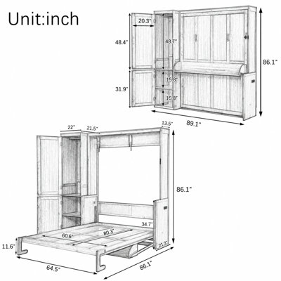 Lit escamotable en bois gain de place avec armoire, bureau et borne de recharge pour un style de vie moderne