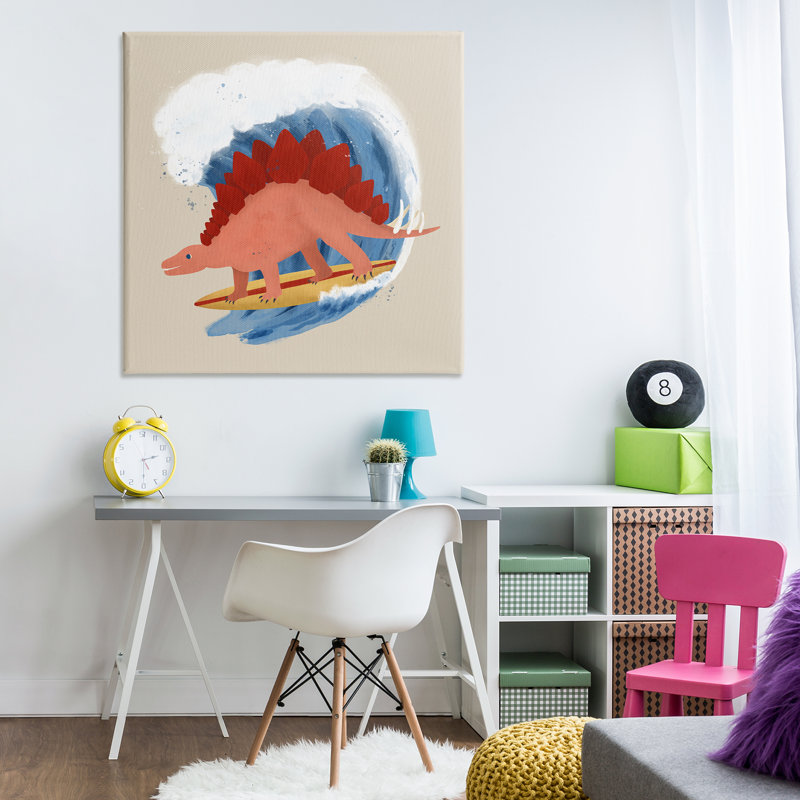 «Surfing Dino Stegosaurus», art mural sur toile par Carrie Cantwell, H 36 po x l 36 po