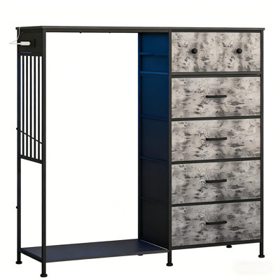 Commode 6 tiroirs avec support à suspendre et station de charge, commode de rangement multifonctionnelle avec tiroirs en tissu, plateau en bois, lumières DEL et grille, organisateur de placard moderne pour la chambre à coucher ou le vestiaire