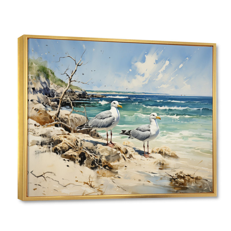 Beach Seagulls In Flight I, reproduction d'art sur toile, Cadre flottant doré, H 12 po x l 20 po x P 1 po