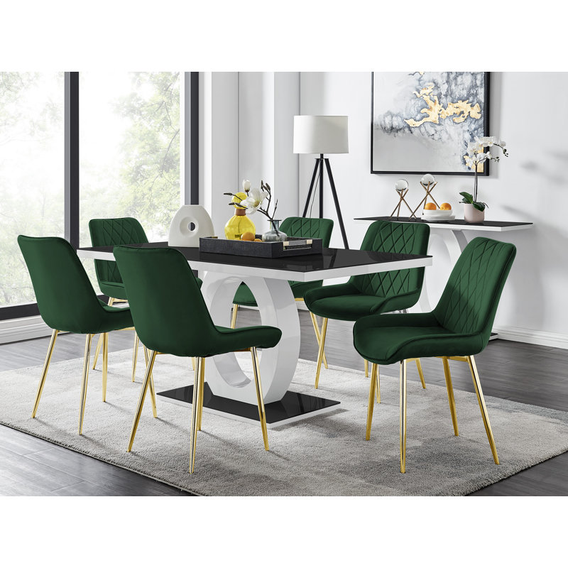 Eubanks Dining Set with 6 Chairs, Green/Gold, Black/White