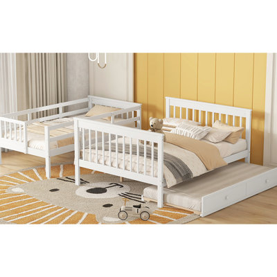 White Twinfull Bunk Bed With Twin Size Trundle And Guard Rail, Storage Options - Solid Wood For Bedroom Trundle, Functional Rail Adults
