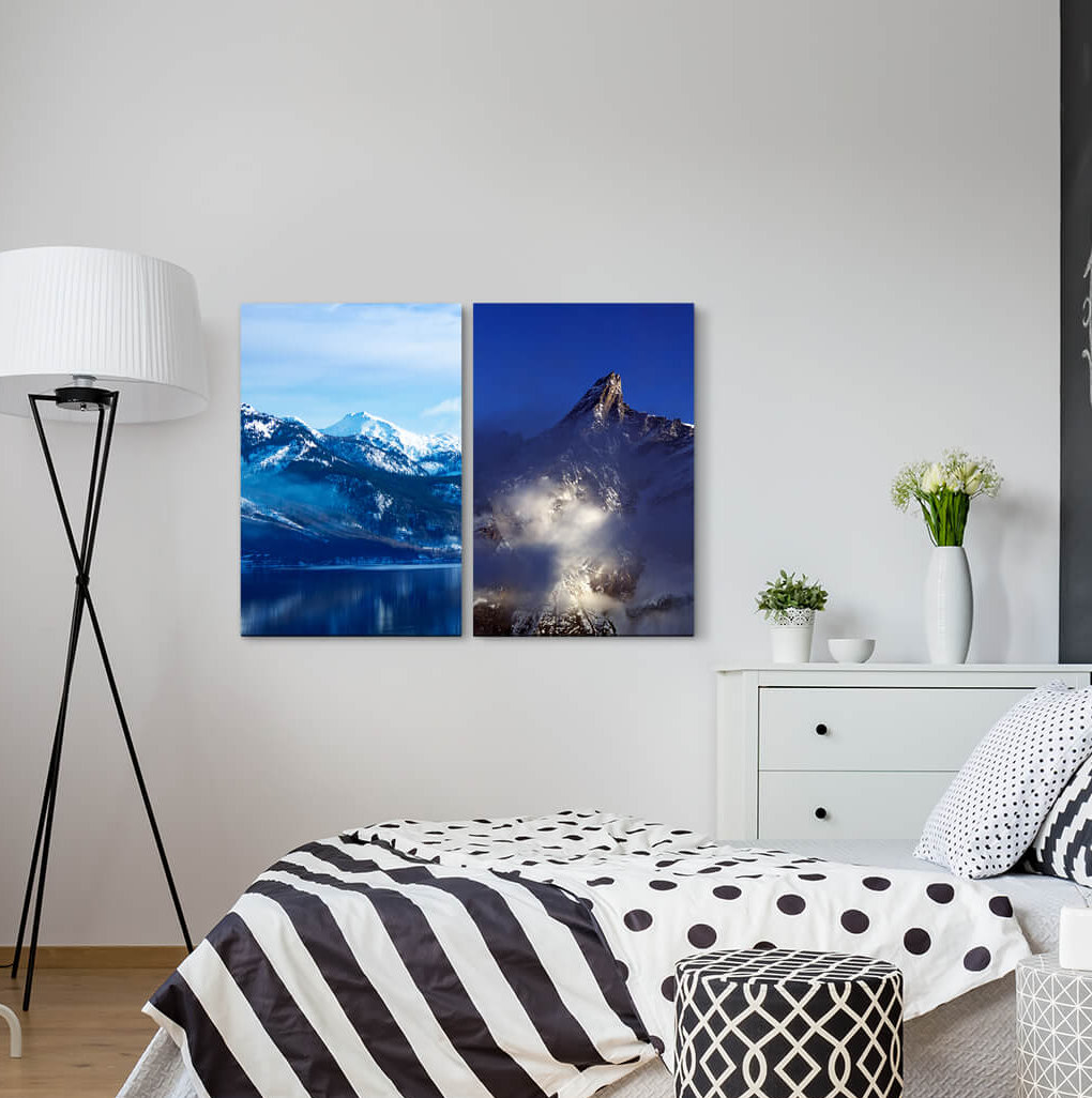 2-tlg. Leinwandbilder-Set - Grafikdruck "Berglandschaft Himalaya-Blau Cool Calming Silence"