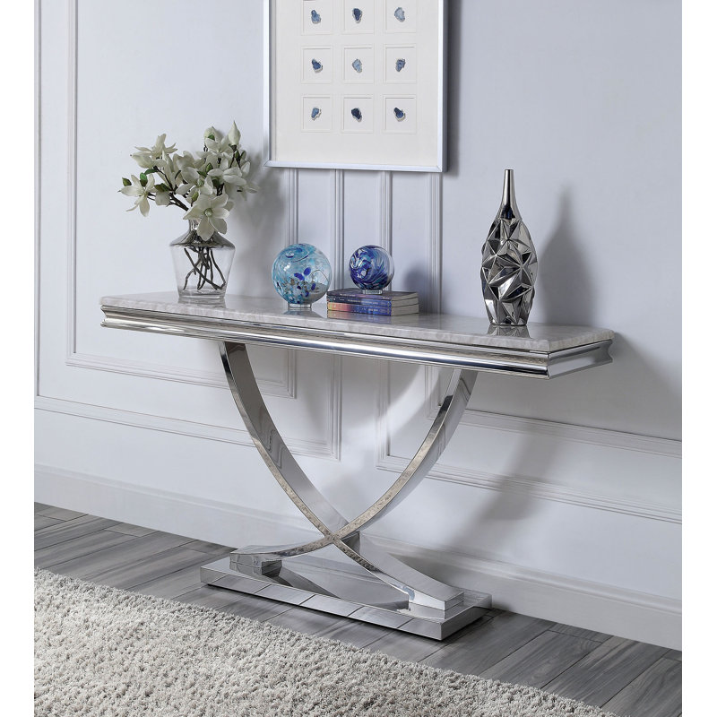 Table de canapé rectangulaire en acier inoxydable avec plateau en faux marbre Jino