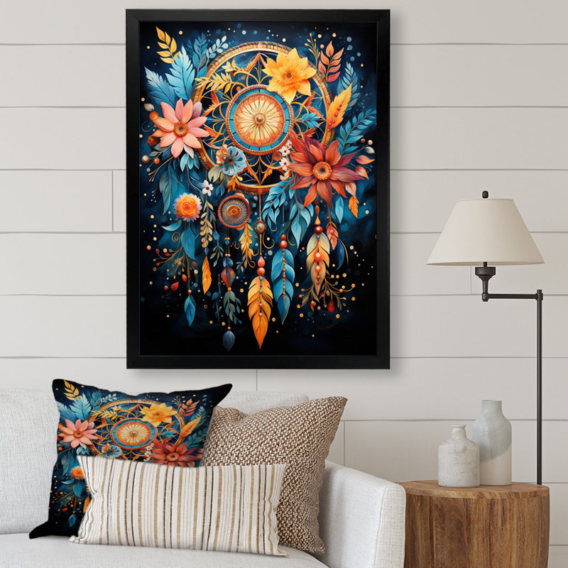 " Gold Dream Catcher Folklore Whispers I ", Black Picture Framed, 32" H x 24" W x 1" D