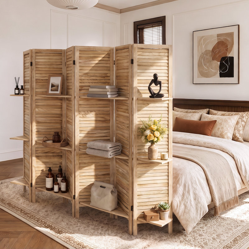 Paravent double face avec tablettes pour la séparation des pièces, 6, L 95 po x H 67 po, Beige
