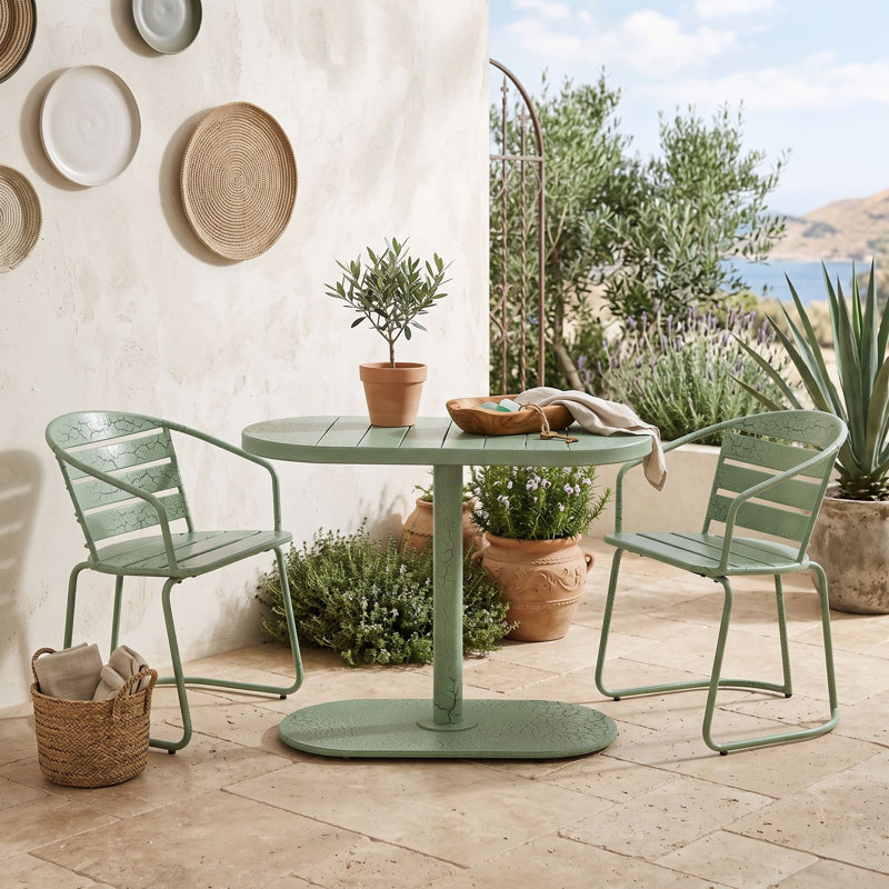 Ensemble bistro 3 pièces en fer avec table ovale et deux chaises à lattes pour le jardin ou le balcon, Vert