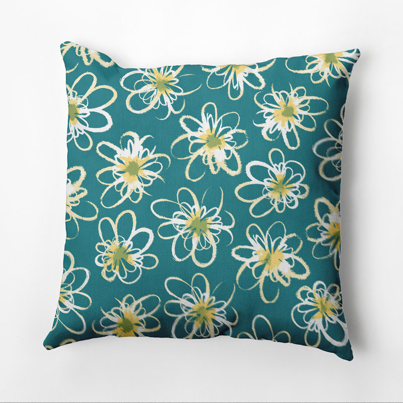 Botanical Blooms Geometric Outdoor Reversible Throw Pillow, 20"x20", Teal