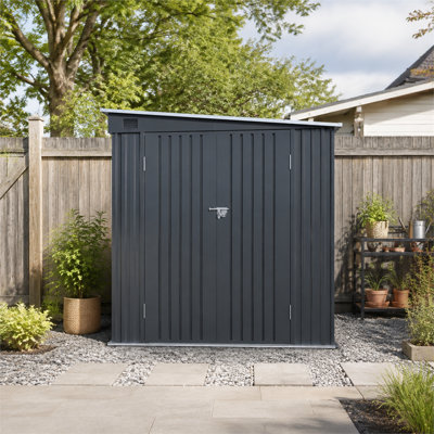 Abri de jardin en pente de 180 cm de hauteur, couleur noir anthracite, en acier galvanisé avec double porte verrouillable, sans plancher et panneau lumineux inclus pour terrasse et jardin.
