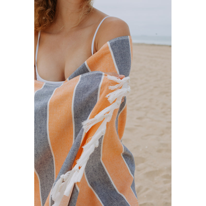 Chanyah Striped Organic Turkish Cotton Bath & Beach Towel with Terry on One Side, 68" x 37", Orange/Blue