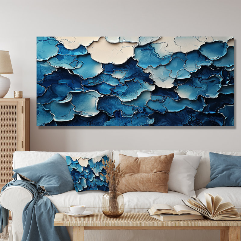 Blanc et bleu «Silence Of Perception II», art mural abstrait en métal, H 28 po x l 60 po