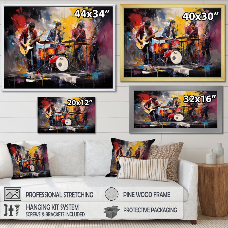 Rock Band In Action III sur toile, Toile tendue, H 34 po x l 44 po x P 1,5 po