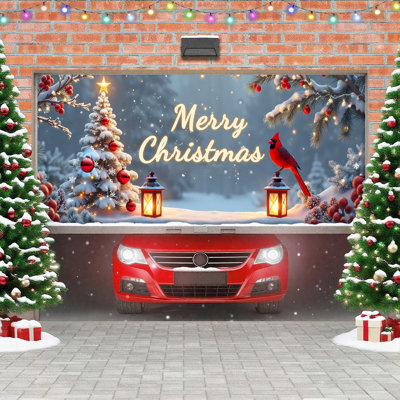 Couvre-porte de garage de Noël, grandes décorations de toile de fond de bannière de Noël, décoration photographique de porte suspendue pour patio intérieur extérieur, fête de pelouse, cardinal de Noël, 16 x 7 pi