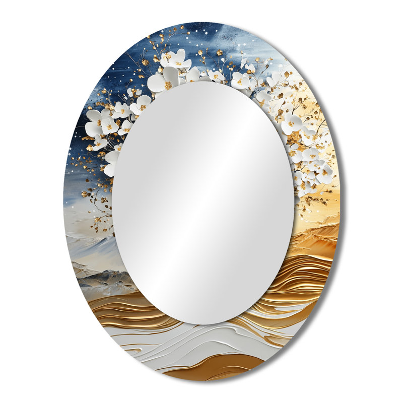 White Gold Silhouette Basswood Tree - Traditional Oval Wall Mirror, 43" x 33"