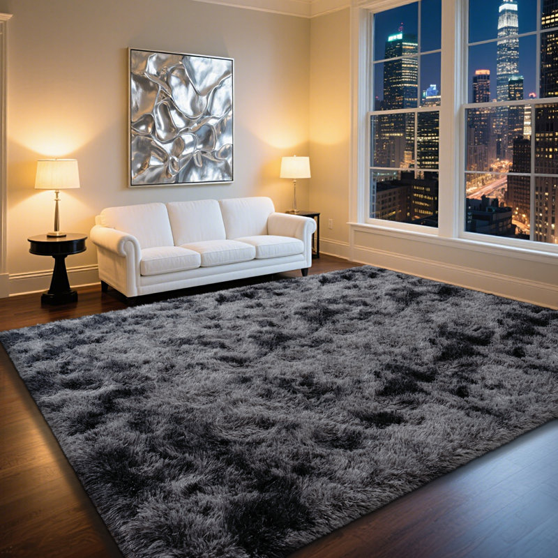 Tapis à poils longs 8 x 10 po pour le salon, grands tapis moelleux de luxe pour la chambre à coucher, envers antidérapant de qualité supérieure, idéal pour les endroits très passants à l'intérieur, esthétique intérieure, teinture par nœuds gris noir