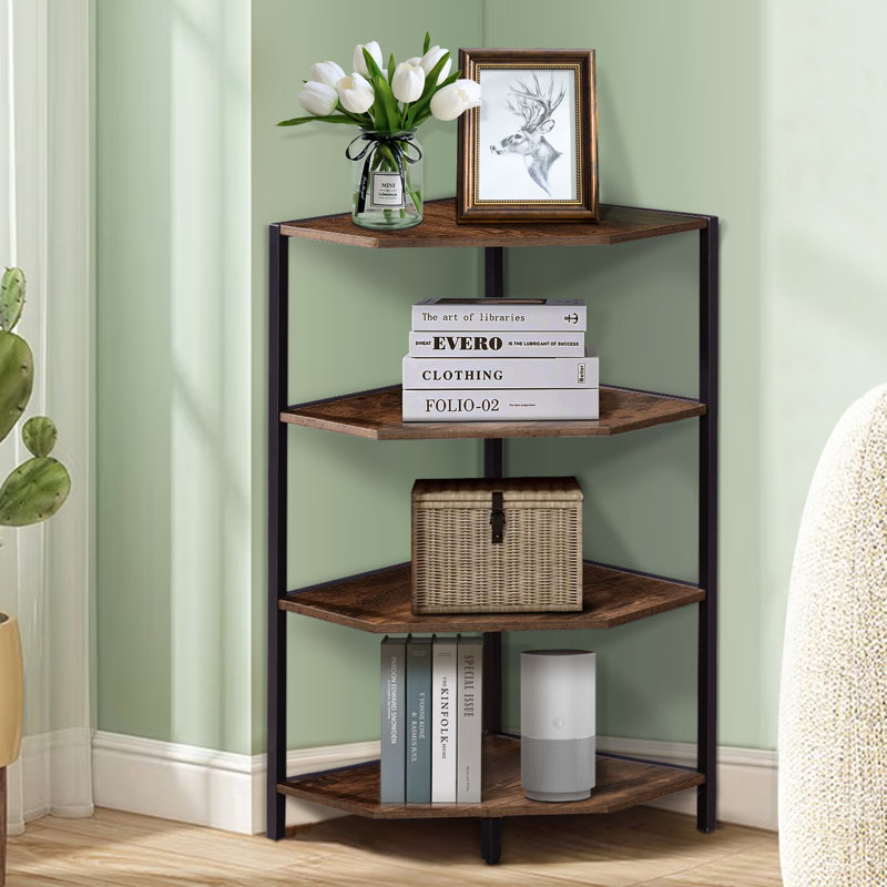 Kempst 4-Tier Corner End Table Triangular Sofa Table Corner Cabinet For Living Room, Brown Top/Black Base