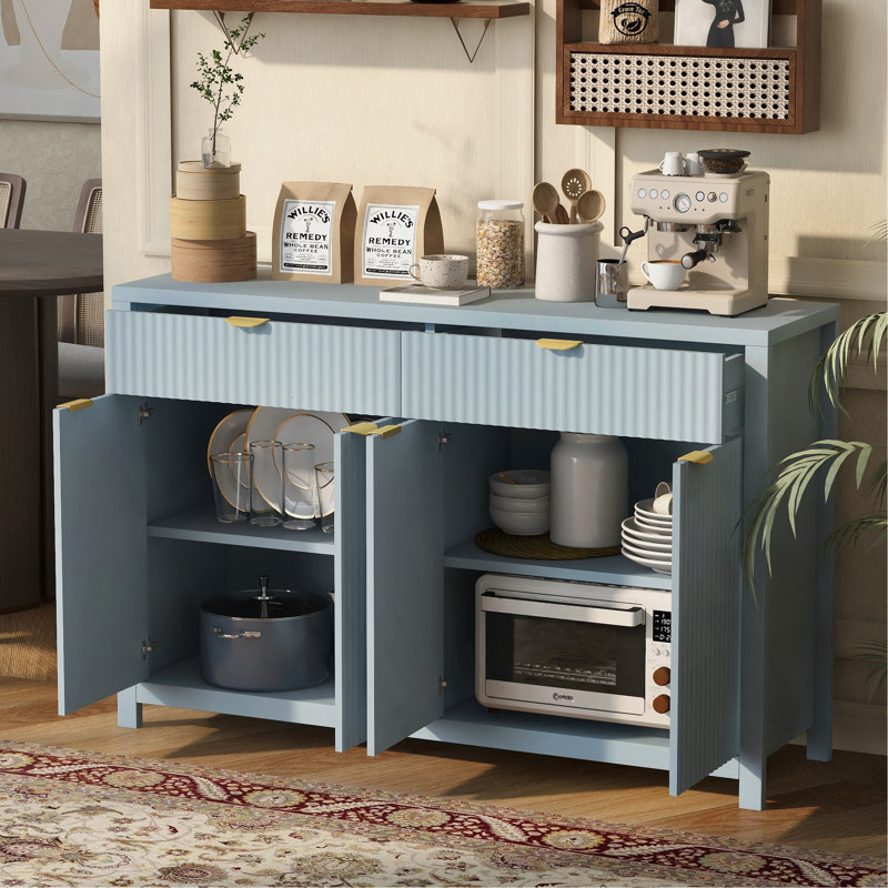 Modern 55.1'' Sideboard Buffet Cabinet With 2 Drawers & 4 Doors, Adjustable Shelves, Wave-Pattern Design, Aluminum Handles, Painted MDF, Scandinavian Storage For Dining Room, Living Room