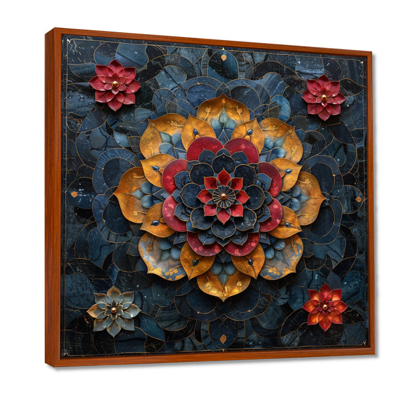 Fleur de lotus rouge, pétales dorés - mandala boho, H 30 po x l 30 po x P 1 po, Toile avec cadre flottant brun