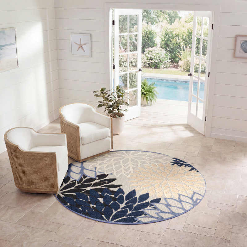 Tapis d'intérieur / extérieur à motif floral bleu / gris Ciann, Rond 4 pi
