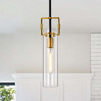 Mini-luminaire suspendu 1 lumière noir et doré antique avec abat-jour cylindrique en verre transparent
