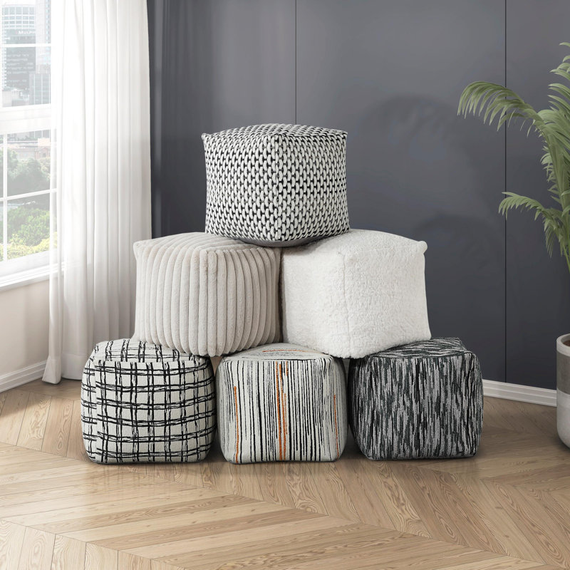 Ari 16" Modern & Contemporary Jacquard Fabric Pouf with Durable Polystyrene Bead Filling & Textured Pattern Design