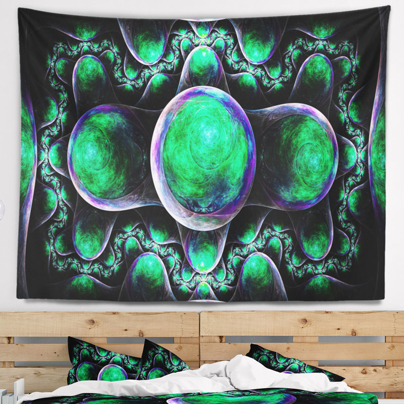 Tapisserie abstraite à motif fractal exotique vert, H 50 po x l 60 po