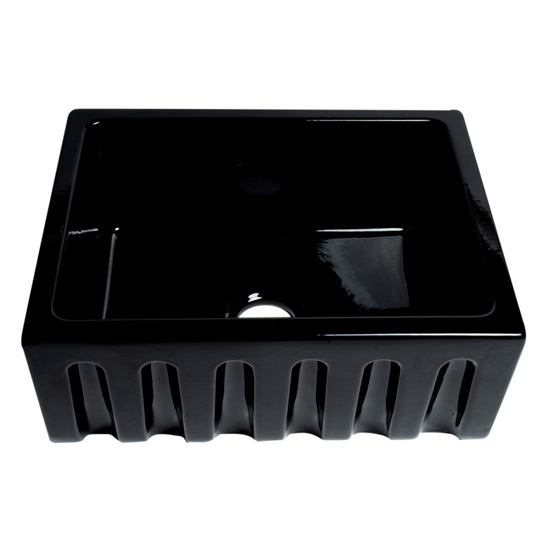24'' L Single Bowl Fireclay Kitchen Sink, Gloss Black