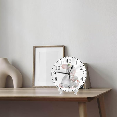 Horloge murale grise en forme de lapin mignon avec une petite lapin et des feuilles de fleurs Horloge de 10 pouces silencieuse à piles