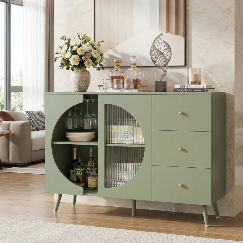 Armoire à vin 47,2 po moderne blanc et or - porte en verre, 3 tiroirs, porte-verres, Vert