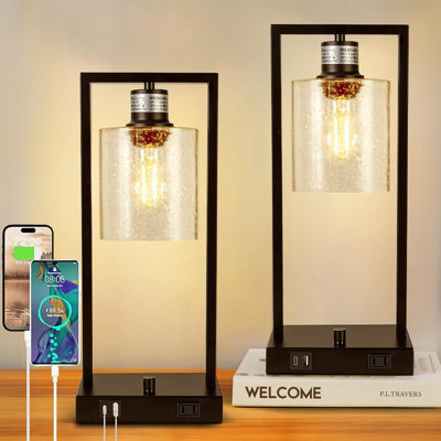 Dimmable Industrial Table Lamps Set Of 2 With USB-C/USB-A & Outlet - 16" Stepless Dimming Bedside Lamps For Bedroom, Modern Reading Lamp With Seeded Glass Shade & Included LED Bulb