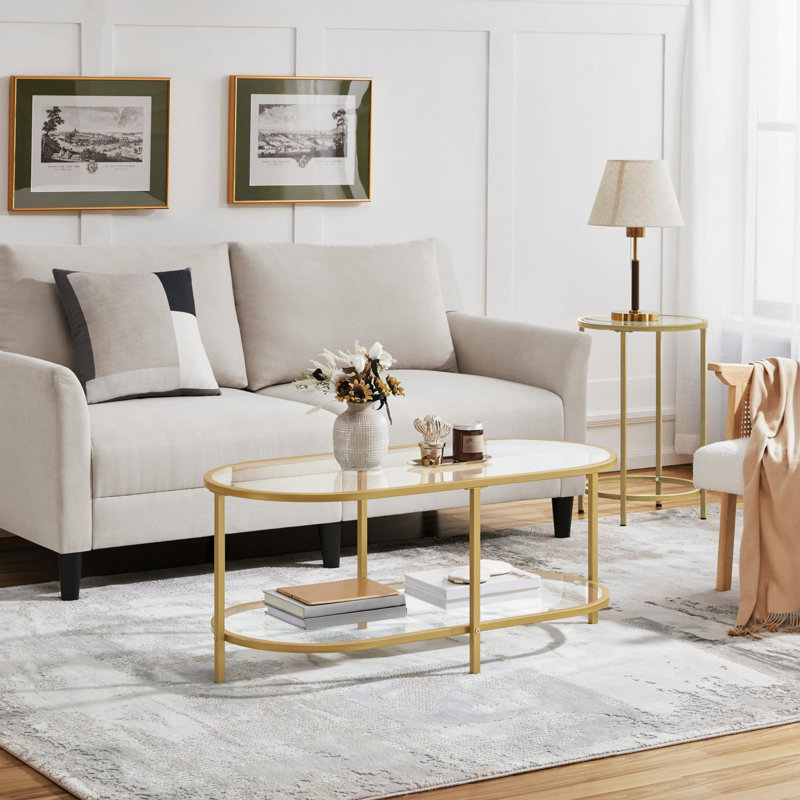 Caoimhlin Tempered Double-Layer Glass Oval Coffee Table, Gold