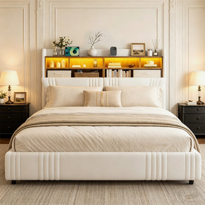 Très grande base de 49,2 po avec très grande base de lit avec rangement à oreilles, lit plateforme tapissier avec 4 tiroirs de rangement, lumières à DEL et station de charge, aucun sommier nécessaire, blanc