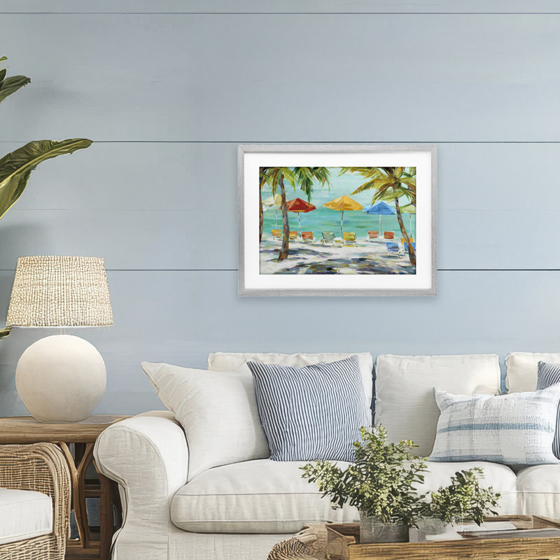 «Umbrellas Under the Palms», reproduction sous verre encadrée, design par Lorenzo Collective, H 17 po x l 23 po