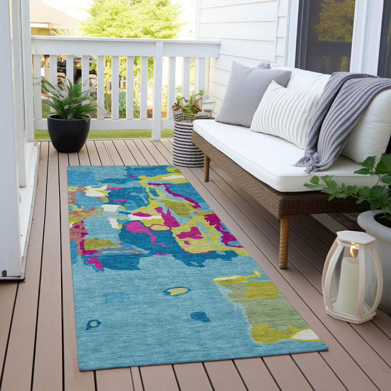 Aqua Abstract Washable Flat Woven Runner Rug