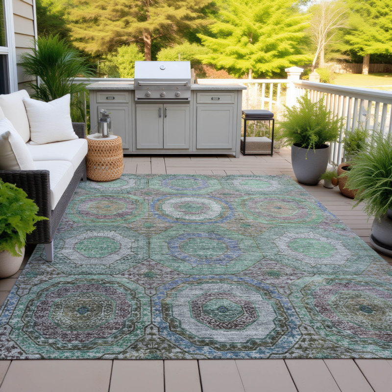 Machine Washable Indoor/Outdoor Xhevrie Green Rug, Rectangle 2'6" x 3'10"