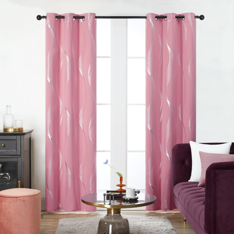 Spurgh Sliver Wave Foil Print Blackout Thermal Grommet Curtain Panels (Set of 2), Pink, 42" W x 72" L
