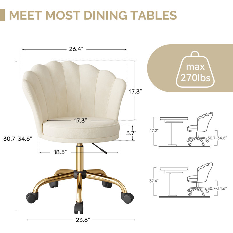 Fauteuil de coiffeuse pivotant en velours moderne à hauteur ajustable avec base dorée et roulettes Modern, Beige