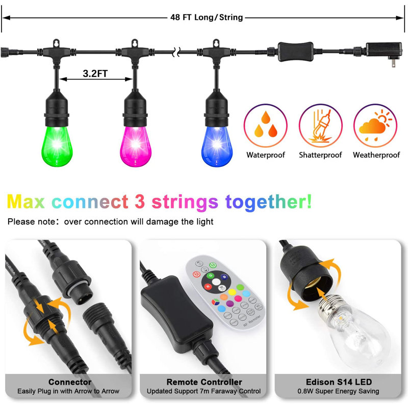 48ft 15-Bulb Color Changing Outdoor Standard String Light with Remote Control