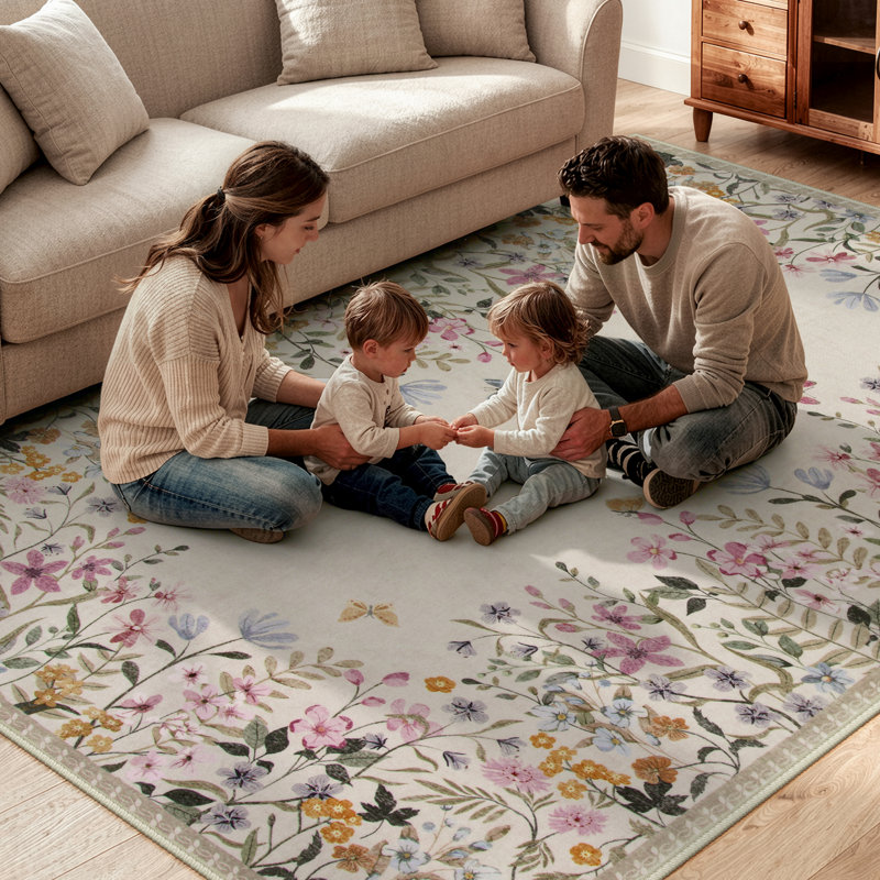     Tapis floral beige lavable 4 x 6 avec envers antidérapant Floral, Rectangle 4 pi x 6 pi