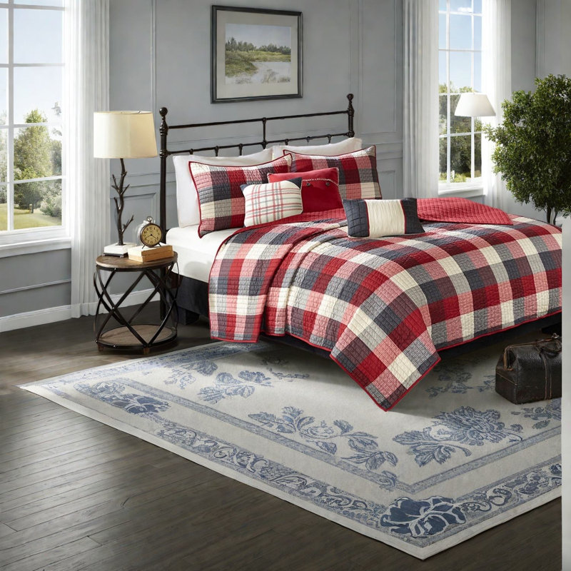 Rustic Red Quilt Bedding Sets, Polyester, Cozy Farmhouse Style For Home