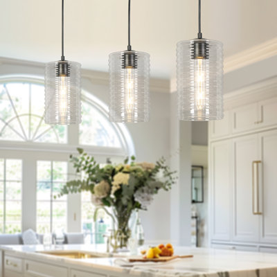 1-Light Matte Black Single Pendant With Textured Glass